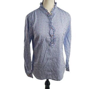 Talbots Blouse Blue Polka Dot Ruffle Long Sleeve Quarter Button Womens Size XS